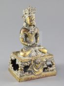 A Chinese gilt bronze figure of Amitayus, Qianlong mark and period, dated 1770, cast seated in