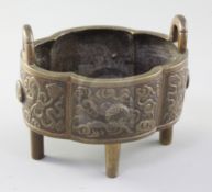 A Chinese quatrelobed bronze censer, Xuande mark, 18th/19th century, the sides cast and chased