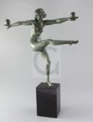Marcel Bouraine. An Art Deco patinated bronze figure of a dancer, modelled poised on one leg and