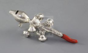 A George III silver child's rattle with coral teether, by Peter & Ann Bateman, hung with eight