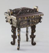 A Chinese archaistic gold splashed bronze censer, Fang ding, 19th century, in imitation of a Western