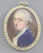 John Smart (1742-1811)oil on ivoryMiniature portrait of a gentleman wearing a blue coat,Initialled
