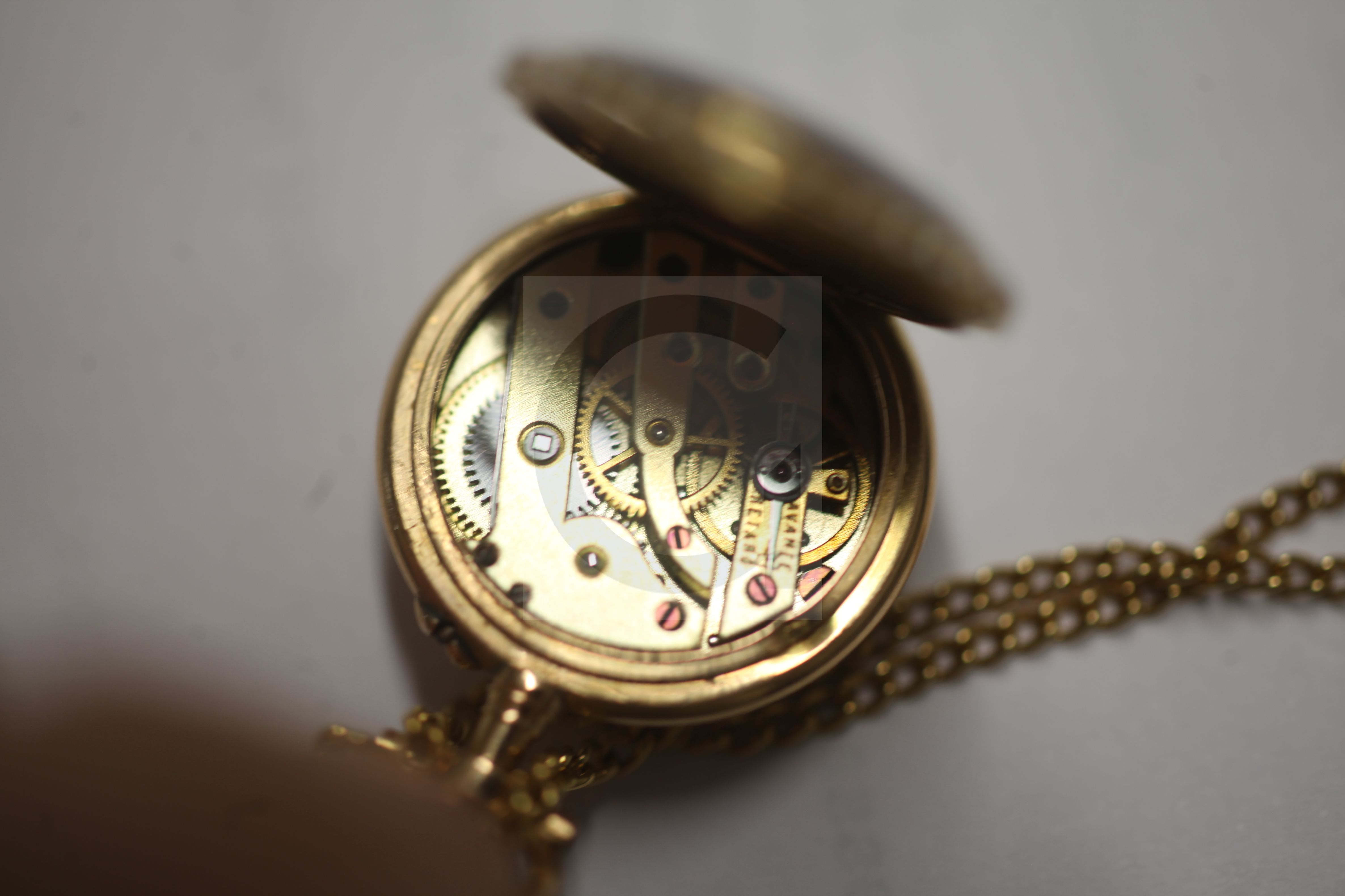 A late 19th/early 20th century French? gold and enamelled fob watch, with decorated Roman dial and - Image 3 of 4