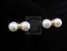 A pair of 18ct gold and diamond set twin cultured pearl ear studs.From the estate of the late Sheila