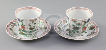 Two Chinese famille verte hexagonal cups and a pair of similar saucers, Kangxi period, each