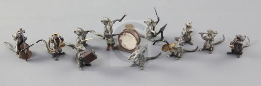 An Austrian cold painted bronze eleven piece rat orchestra, stamped Geschutzt, Austria, largest 2