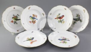 A set of six late Meissen cabinet plates, decorated with songbirds and insects, 18.5cm