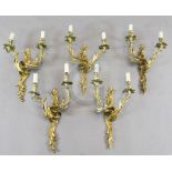 A set of five ormolu twin branch wall appliques, each formed with scrolled acanthus fronts, height