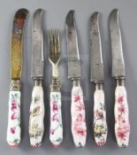 A Continental porcelain handled silver-gilt knife and fork, mid 19th century, each painted with