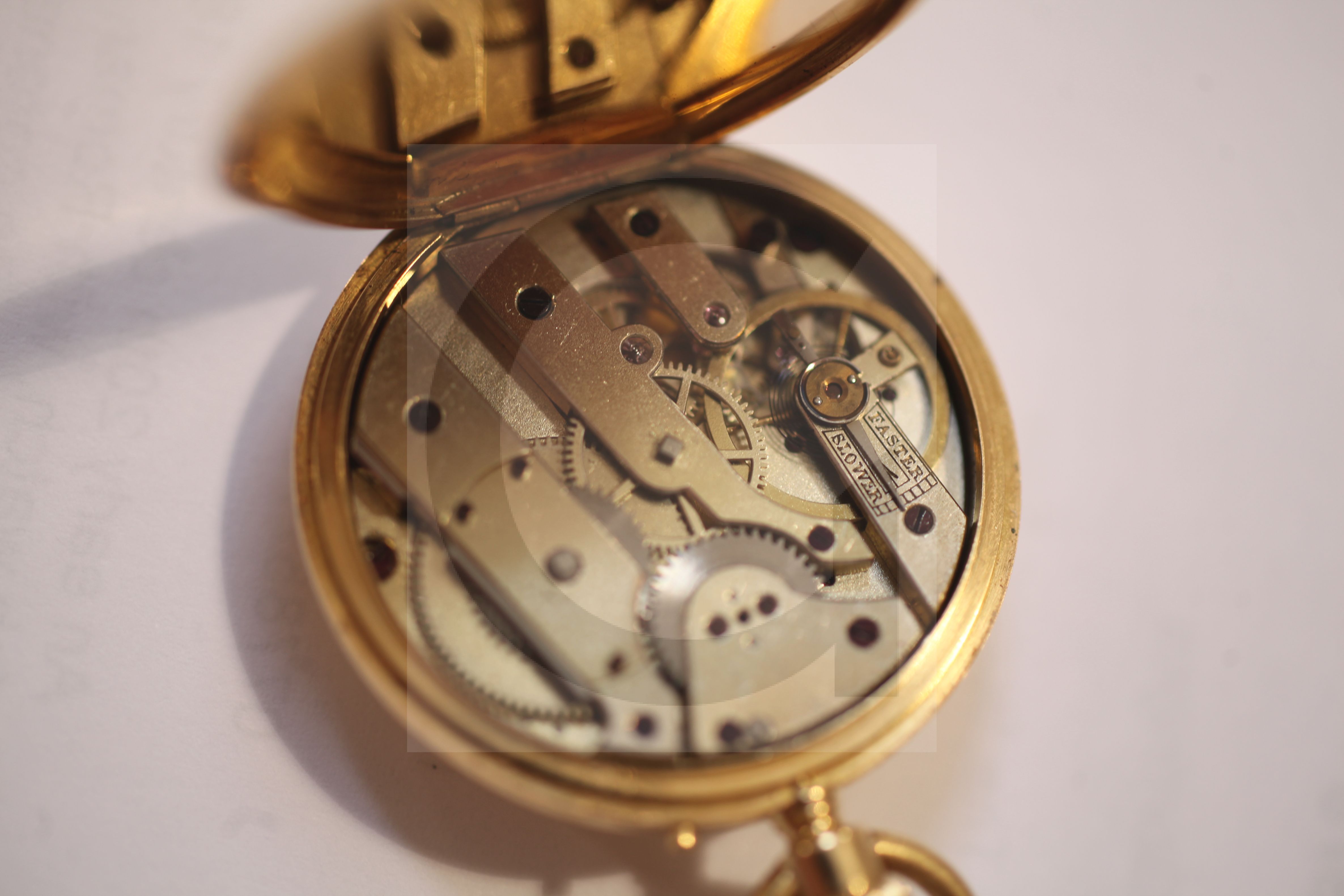 An early 20th century 18ct gold half hunter fob watch, with Roman dial and engraved monogram with - Image 2 of 3