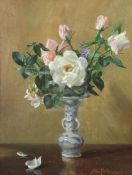 Albert Williams (1922-2010)oil on canvas boardStill life of roses in a delft vasesigned17.5 x 13.