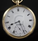 A George V 9ct gold pocket watch, with an 18ct gold albert with half sovereign fob and watch key.