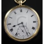 A George V 9ct gold pocket watch, with an 18ct gold albert with half sovereign fob and watch key.