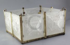 An Art Deco frosted glass light fitting, in the manner of Sabino, of square form, the base plate and