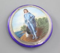 An early 20th century continental silver and enamel compact, the lid decorated with Gainsborough'