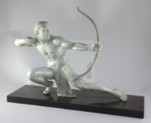 After Salvatore Melani. An Art Deco spelter study of an archer, crouching with a bowl at full