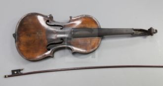 Attributed to Richard Duke. An antique violin with two piece back, unlabelled but stamped Duke to