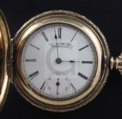 An early 20th century American Waltham three colour 18ct gold hunter fob watch, with engraved