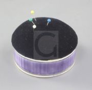 A George V silver and purple guilloche enamel mounted circular pin cushion, by Henry Matthews,