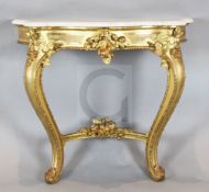 A Victorian giltwood console table, with serpentine veined white marble top, W.3ft D.1ft 4.5in H.2ft