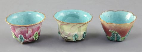 Three Chinese enamelled porcelain flower shaped cups, probably Republic period, the flower petal