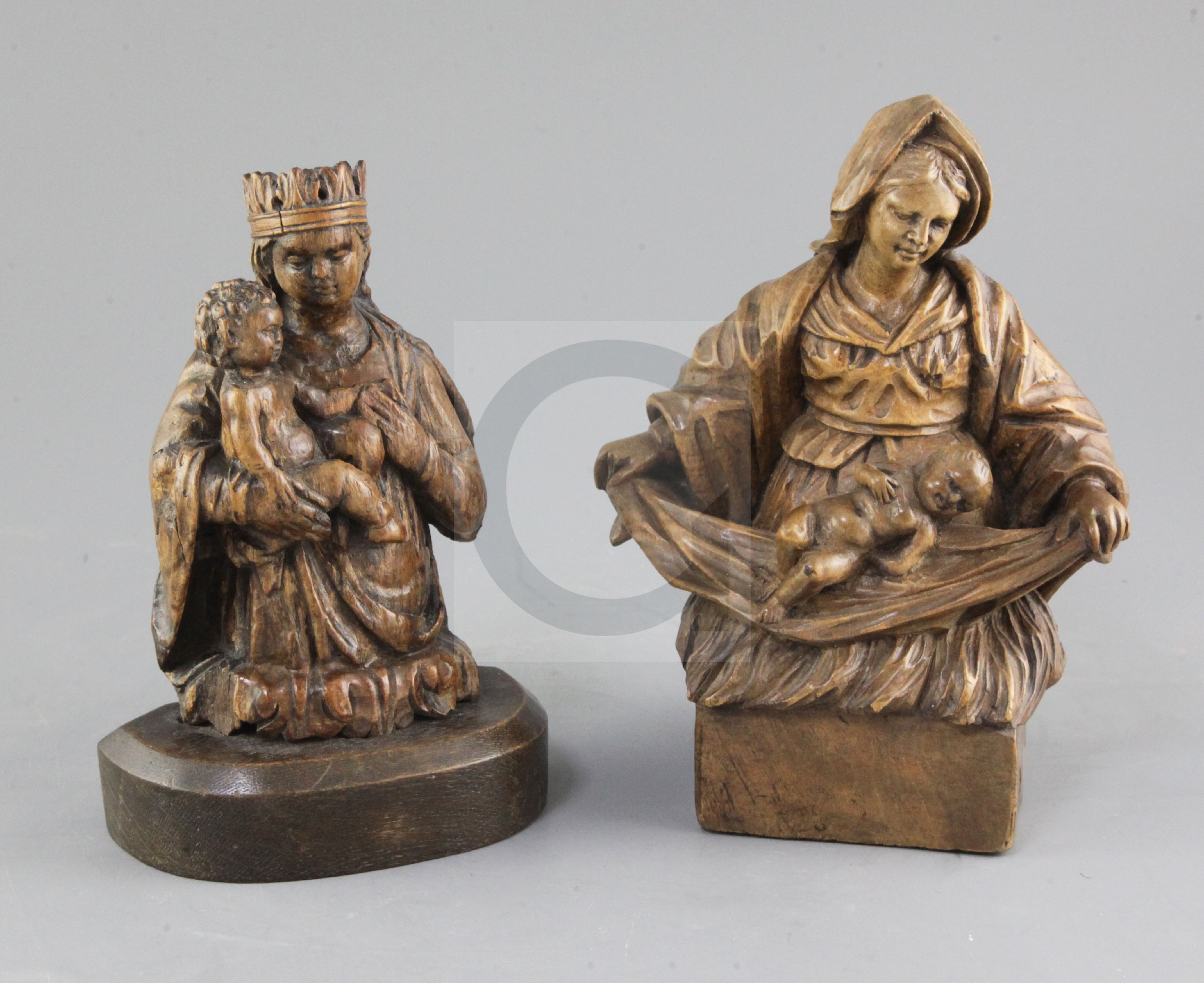 Two North European walnut groups of Madonna and child, probably 16th and 17th century, the first