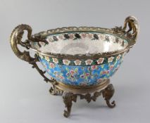 A Longwy chinoiserie ormolu mounted bowl, late 19th century, the interior decorated with floral