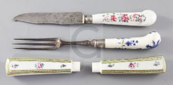 A Chinese export porcelain handled knife and a fork, late 18th century, the knife painted in famille