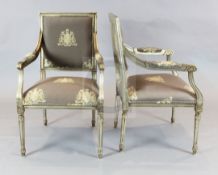 A pair of Ethan Allen silvered wood fauteuils, upholstered with Royal coat of arms fabric, W.2ft H.