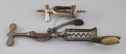 A Royal Club corkscrew with label 'C.Hull, Patentee, Birmingham' and a monopol type corkscrew 10.