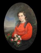 Johannes Louis Wensel (German, 1825-1899)oil on canvasPortrait of a young woman holding a bunch of