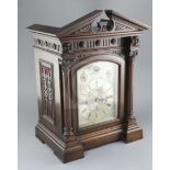 A late 19th century quarter chiming bracket clock, the architectural case with 7 inch silvered Roman