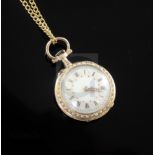 A late 19th/early 20th century French? gold and enamelled fob watch, with decorated Roman dial and