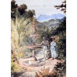 South American School c.1900watercolourTwo figures beside a fountainmonogrammed and dated 190511.5 x