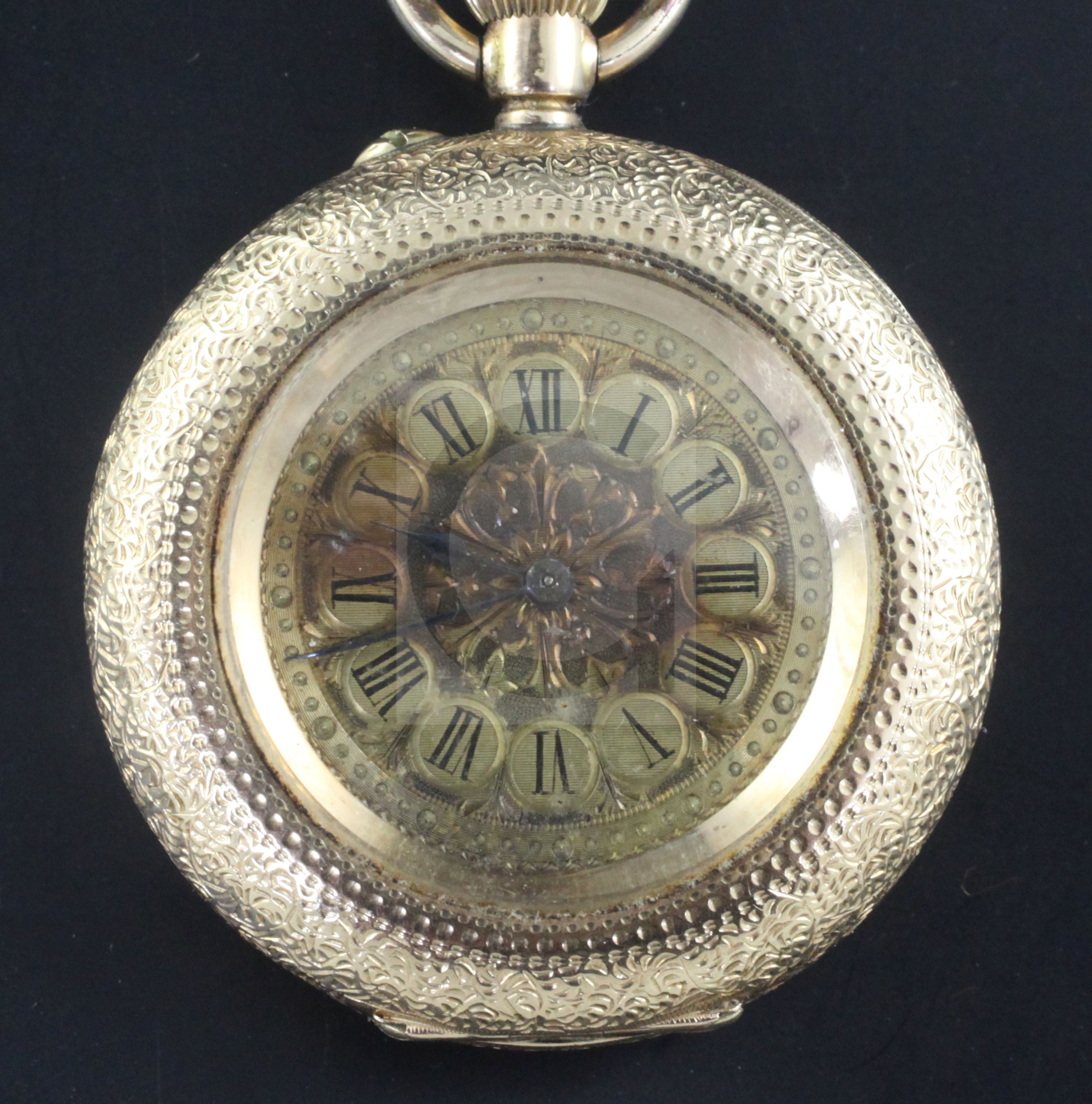 An ornate continental 14ct gold fob watch, with Roman dial.