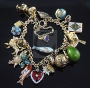 A 9ct gold charm bracelet, hung with twenty five assorted charms (one loose), including enamel.