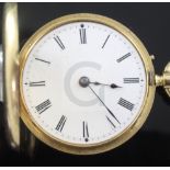 An early 20th century 18ct gold half hunter fob watch, with Roman dial and engraved monogram with