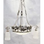 A 1930's French wrought iron and frosted glass light fitting drop 2ft 10in.
