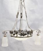 A 1930's French wrought iron and frosted glass light fitting drop 2ft 10in.