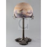 A Muller Freres mottled glass and wrought iron domed table lamp, signed in the glass, 16.5in.