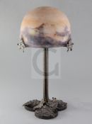 A Muller Freres mottled glass and wrought iron domed table lamp, signed in the glass, 16.5in.