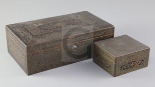 An early 20th century red boullework cigar box and a matching cigarette box, width 11in. and 4.5in.