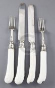 Two pairs of white soft paste porcelain handled knives and forks, possibly French mid 18th