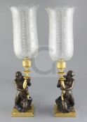 A pair of 19th century bronzed stoneware candlesticks, after a design by John Flaxman, each modelled