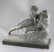 Gregoire. A bronzed terracotta figure of a man pushing a large rock, signed, width 25in. height