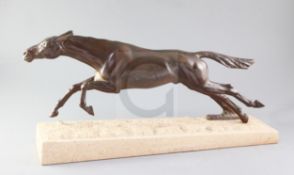 Max Le Verrier. A bronze study of a horse at full gallop, raised on a pink granite base signed 'M.