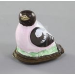A George III Bilston enamel snuff box, modelled as a seated bird, c.1770, the hinged base and