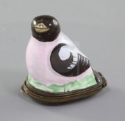 A George III Bilston enamel snuff box, modelled as a seated bird, c.1770, the hinged base and