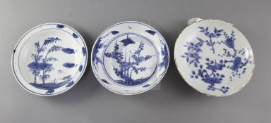 Three Chinese blue and white dishes, Transitional period c1640, the first of petal lobed form