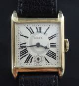 A gentleman's early 1930's 9ct gold Rolex manual wind wrist watch, with square Roman dial and